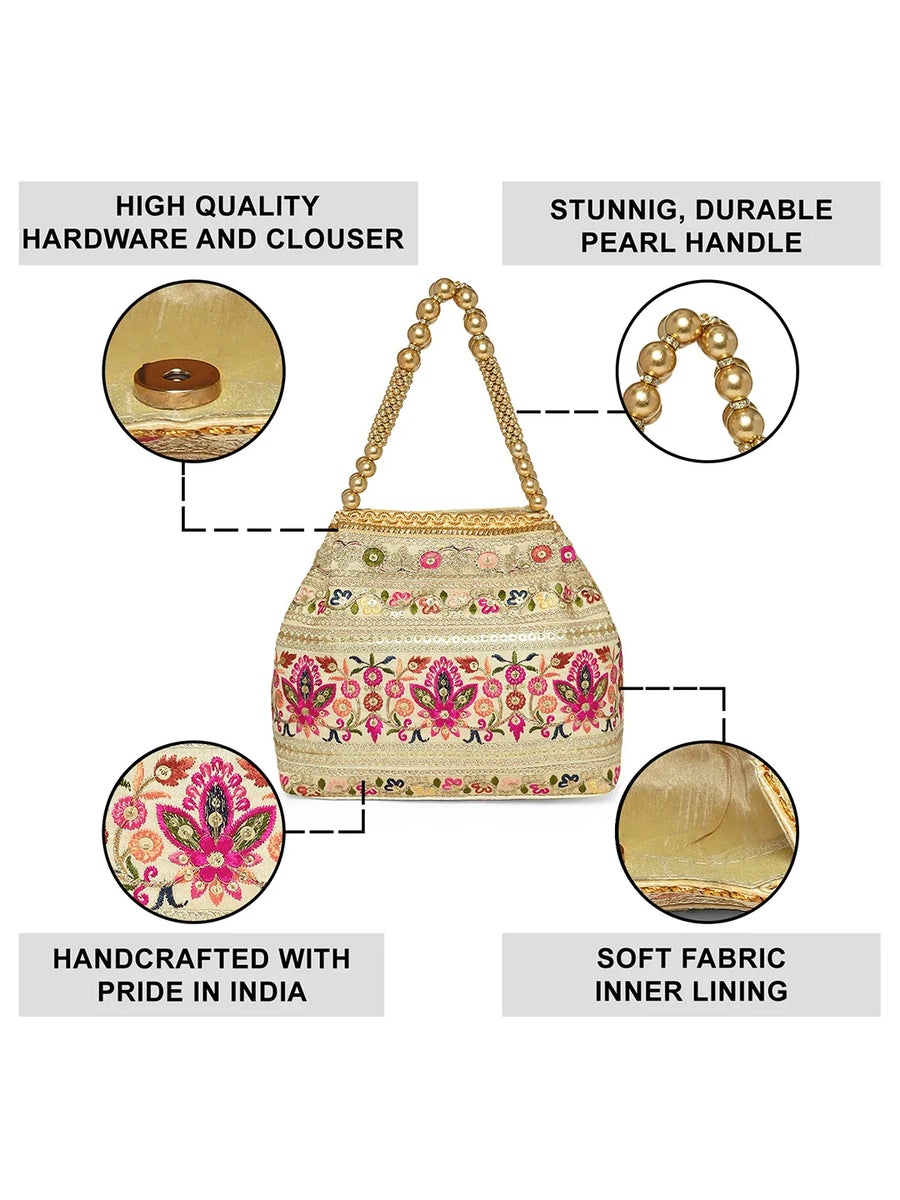 Cream potli bag named Thread Embroidery Potli with Sequin Motif, featuring artificial beads detailing and soft fabric texture | Peora
