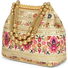 Cream potli bag named Thread Embroidery Potli with Sequin Motif, featuring artificial beads detailing and soft fabric texture | Peora
