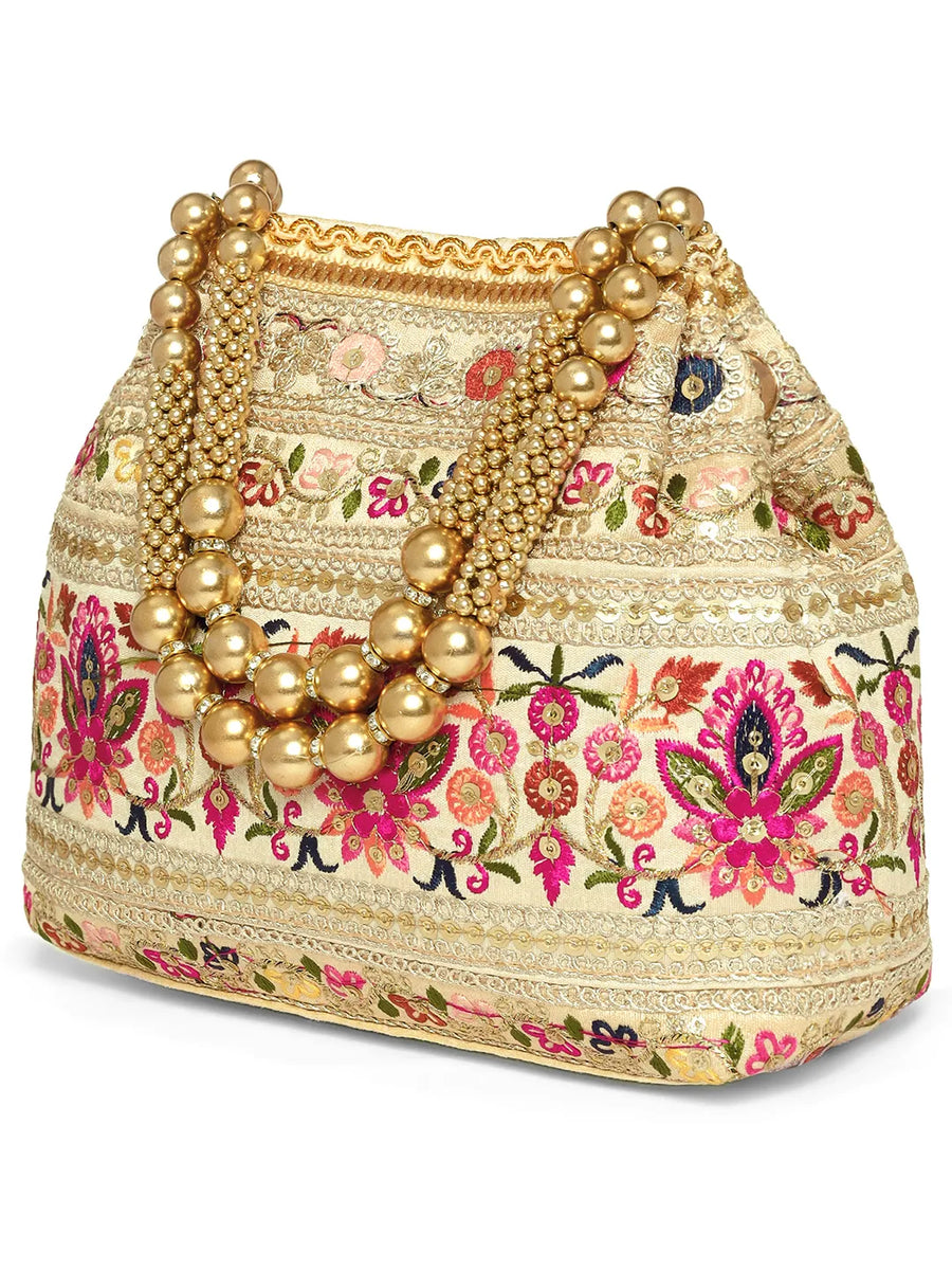 Cream potli bag named Thread Embroidery Potli with Sequin Motif, featuring artificial beads detailing and soft fabric texture | Peora
