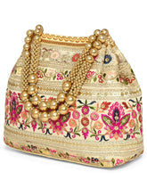 Cream potli bag named Thread Embroidery Potli with Sequin Motif, featuring artificial beads detailing and soft fabric texture | Peora
