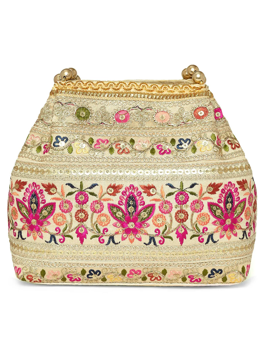 Cream potli bag named Thread Embroidery Potli with Sequin Motif, featuring artificial beads detailing and soft fabric texture | Peora
