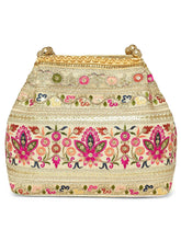 Cream potli bag named Thread Embroidery Potli with Sequin Motif, featuring artificial beads detailing and soft fabric texture | Peora
