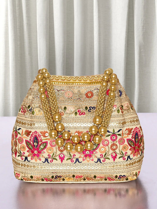 Cream potli bag named Thread Embroidery Potli with Sequin Motif, featuring artificial beads detailing and soft fabric texture | Peora
