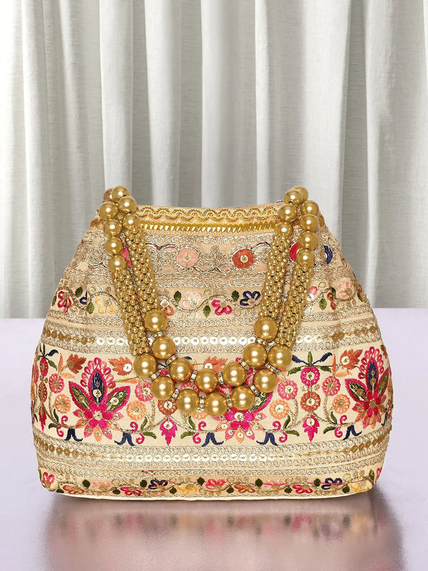 Cream potli bag named Thread Embroidery Potli with Sequin Motif, featuring artificial beads detailing and soft fabric texture | Peora
