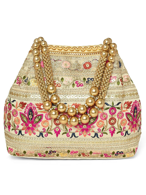 Cream potli bag named Thread Embroidery Potli with Sequin Motif, featuring artificial beads detailing and soft fabric texture | Peora
