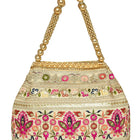Cream potli bag named Thread Embroidery Potli with Sequin Motif, featuring artificial beads detailing and soft fabric texture | Peora
