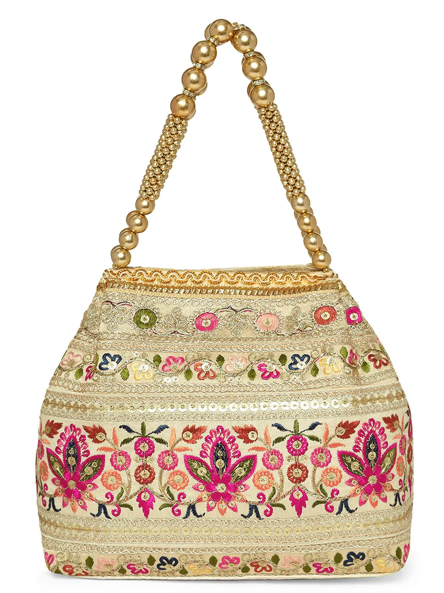 Cream potli bag named Thread Embroidery Potli with Sequin Motif, featuring artificial beads detailing and soft fabric texture | Peora
