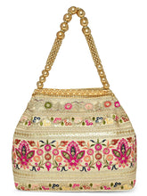 Cream potli bag named Thread Embroidery Potli with Sequin Motif, featuring artificial beads detailing and soft fabric texture | Peora
