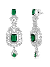 Emerald Elegance Crystal CZ Necklace Set. A silver-colored necklace and earring set with green emerald stones and clear cubic zirconia accents.