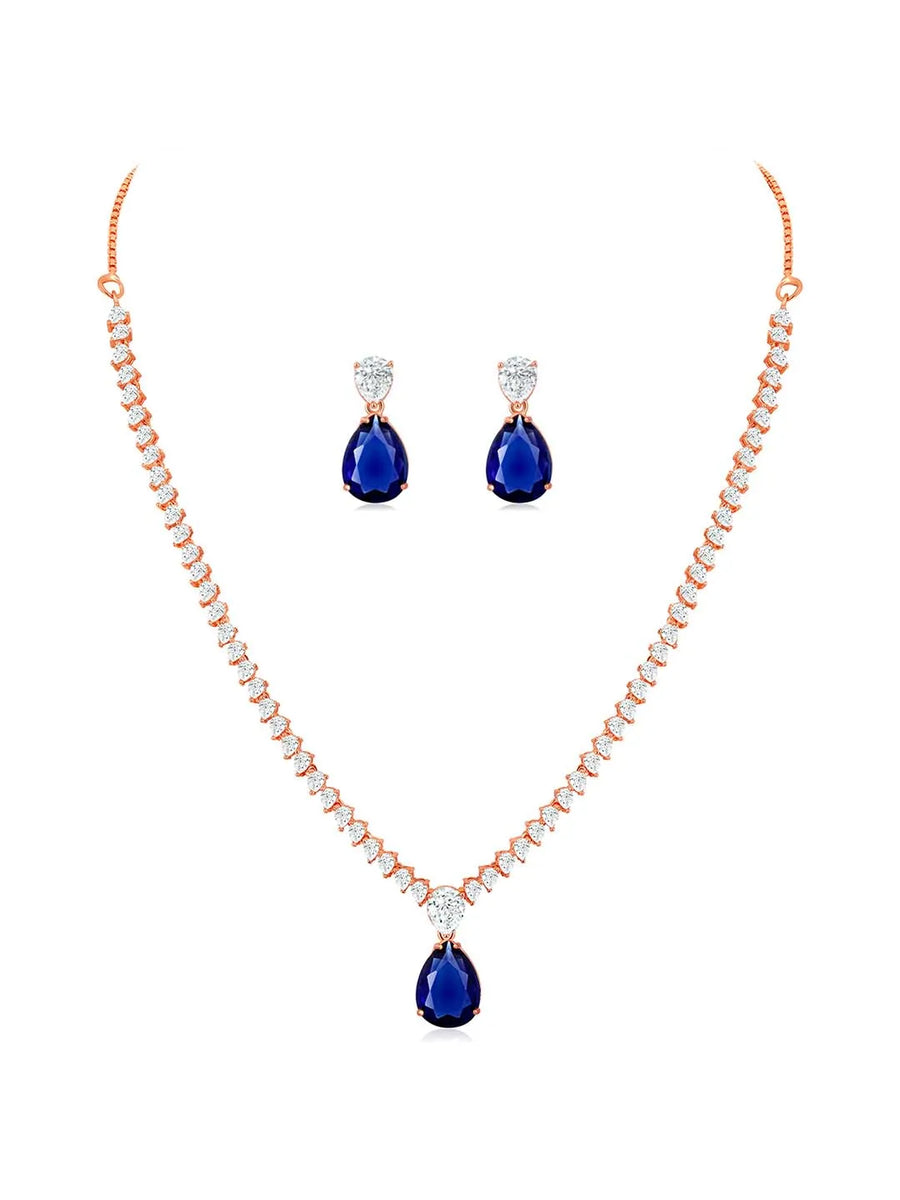 Stunning CZ Crystal Necklace Set. Rose gold plating, pair of earrings, with blue & white stones.