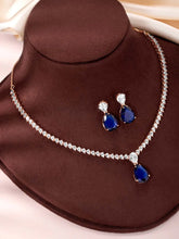 Stunning CZ Crystal Necklace Set. Rose gold plating, pair of earrings, with blue & white stones.