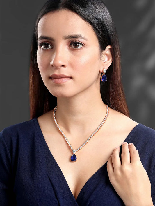Stunning CZ Crystal Necklace Set. Rose gold plating, pair of earrings, with blue & white stones.