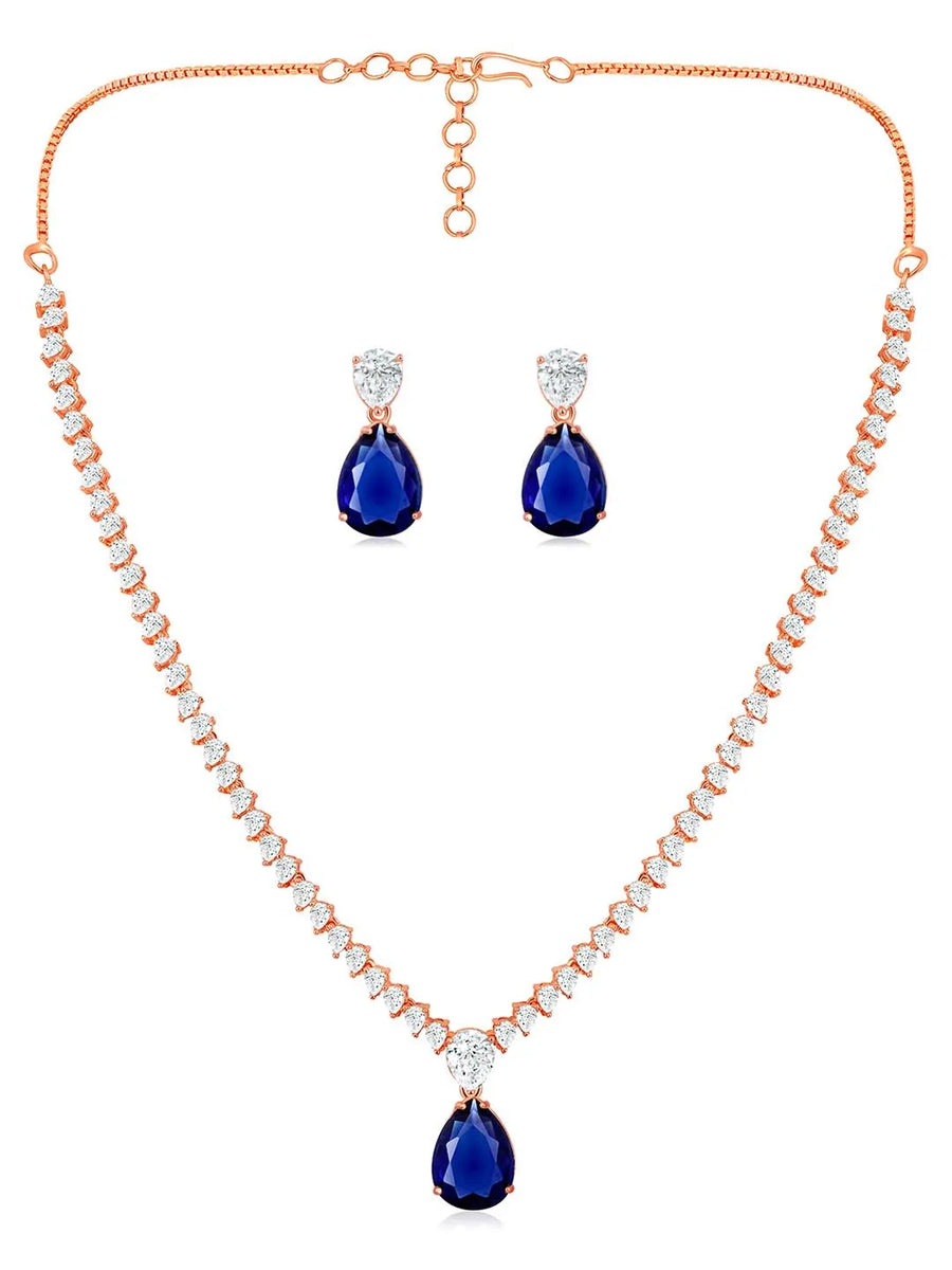 Stunning CZ Crystal Necklace Set. Rose gold plating, pair of earrings, with blue & white stones.