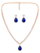 Stunning CZ Crystal Necklace Set. Rose gold plating, pair of earrings, with blue & white stones.
