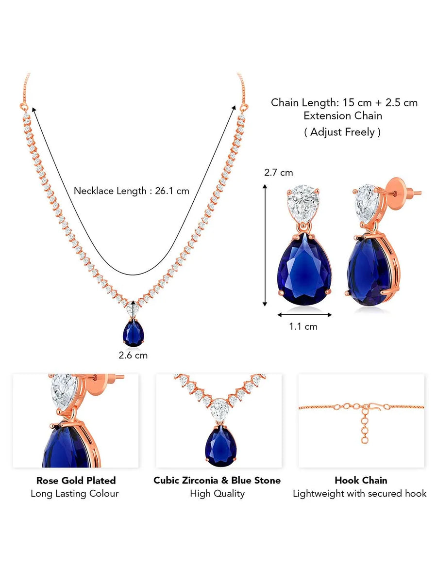 Stunning CZ Crystal Necklace Set. Rose gold plating, pair of earrings, with blue & white stones.