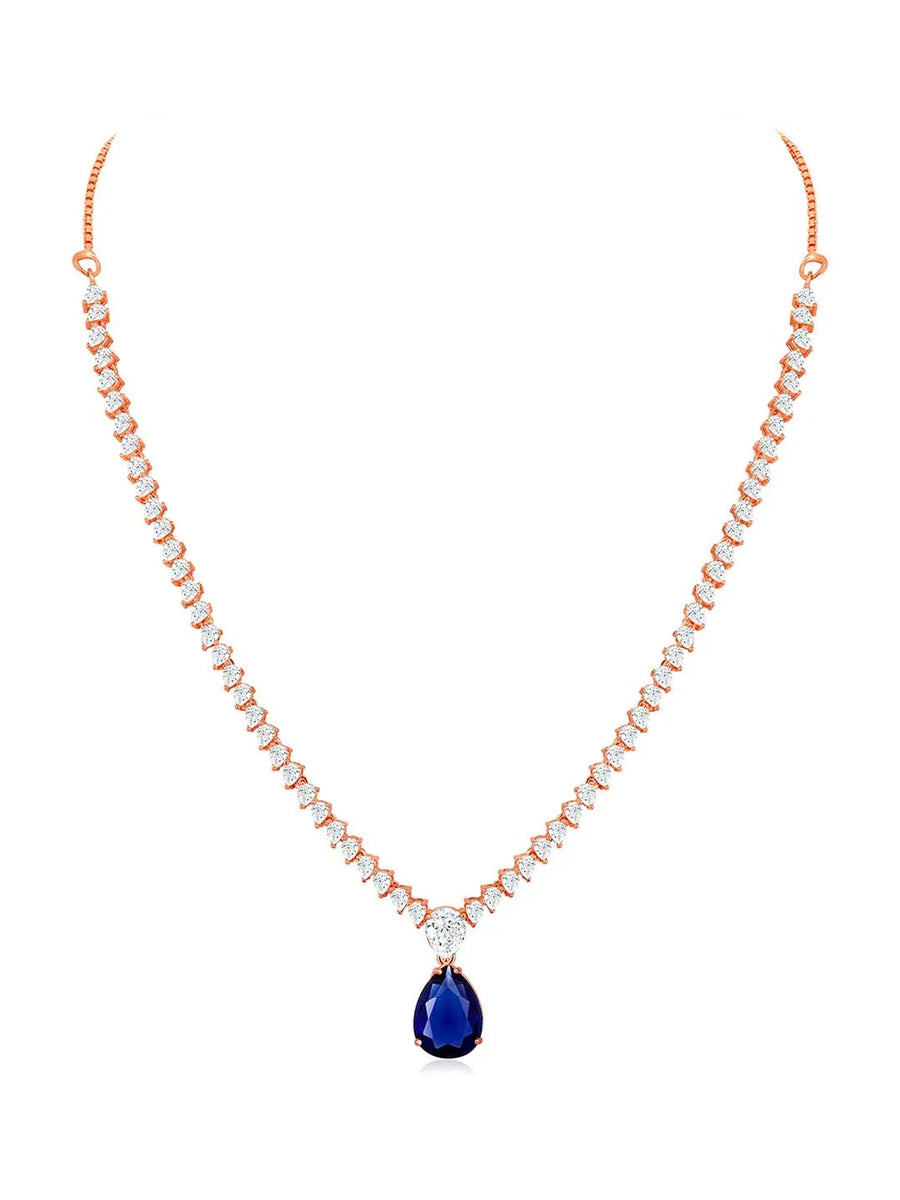 Stunning CZ Crystal Necklace Set. Rose gold plating, pair of earrings, with blue & white stones.