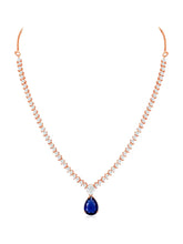 Stunning CZ Crystal Necklace Set. Rose gold plating, pair of earrings, with blue & white stones.