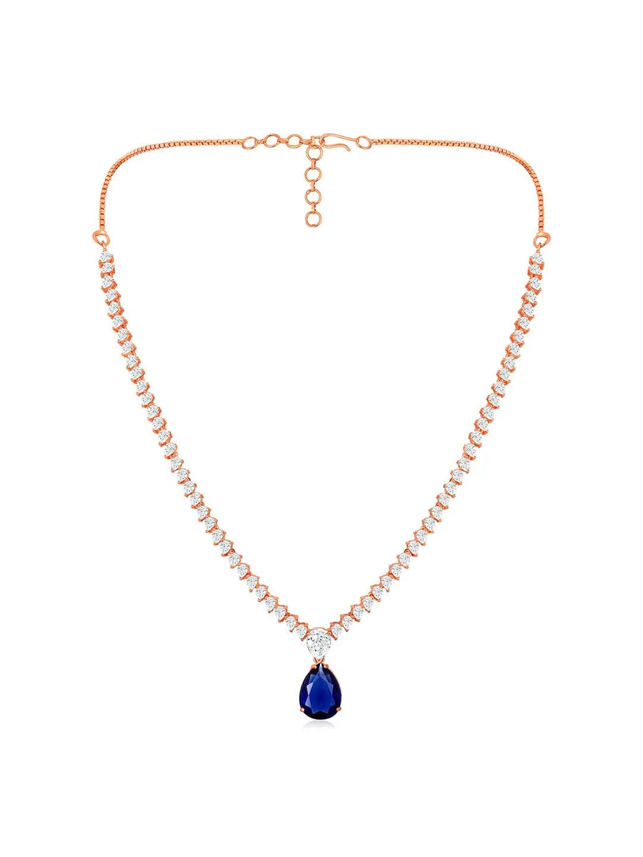 Stunning CZ Crystal Necklace Set. Rose gold plating, pair of earrings, with blue & white stones.