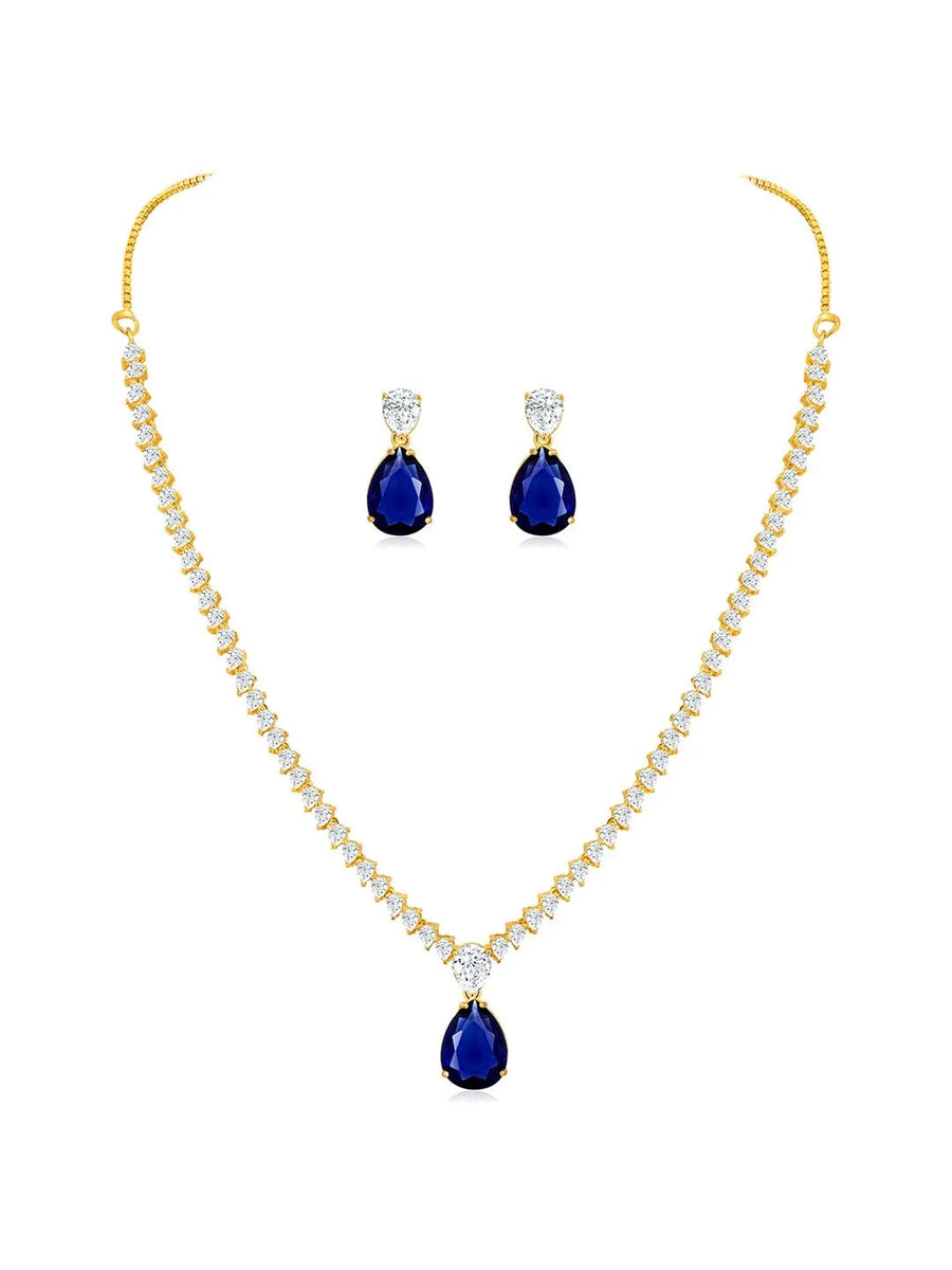 Stunning CZ Crystal Necklace Set. Gold plating, pair of earrings, with blue & white stones.