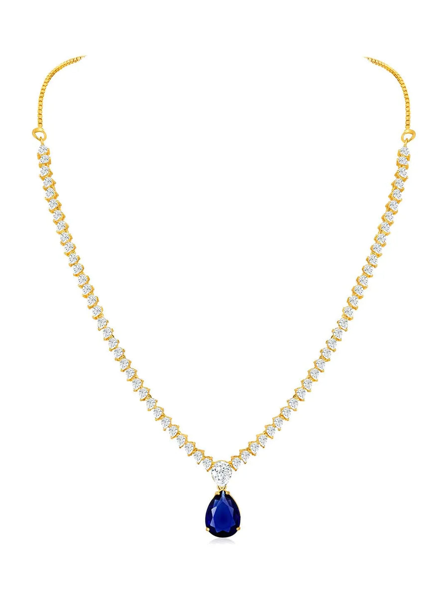 Stunning CZ Crystal Necklace Set. Gold plating, pair of earrings, with blue & white stones.