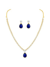 Stunning CZ Crystal Necklace Set. Gold plating, pair of earrings, with blue & white stones.
