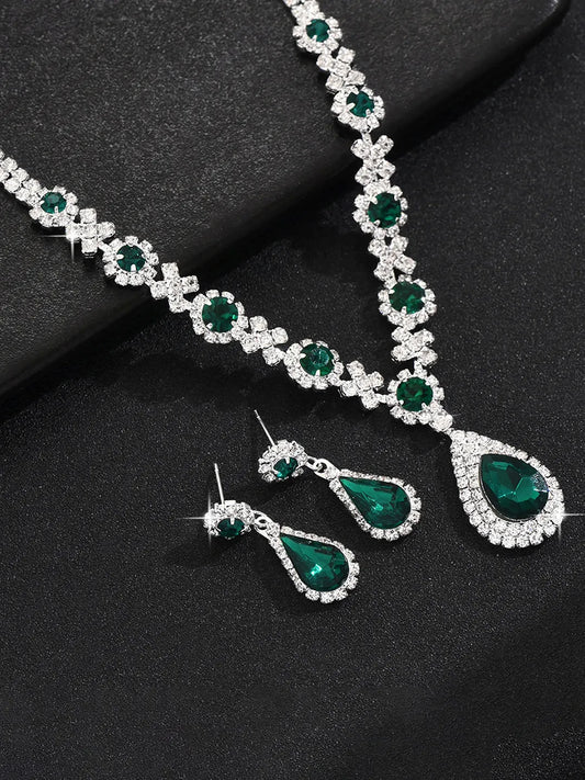 Green Stones necklace earrings set crafted from alloy, adorned with crystals & cubic zirconia for an elegant, timeless look | Peora
