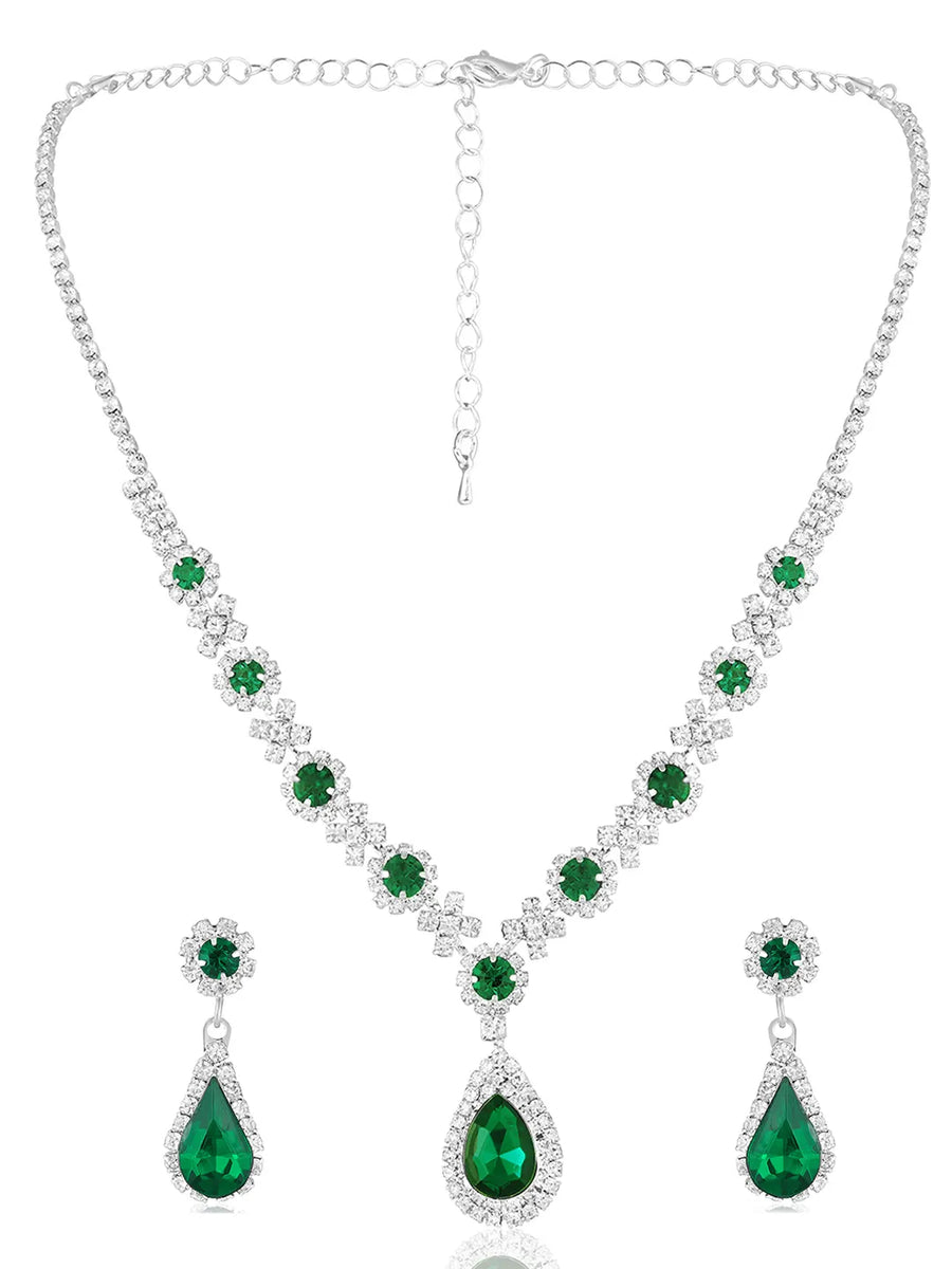 Green Stones necklace earrings set crafted from alloy, adorned with crystals & cubic zirconia for an elegant, timeless look | Peora
