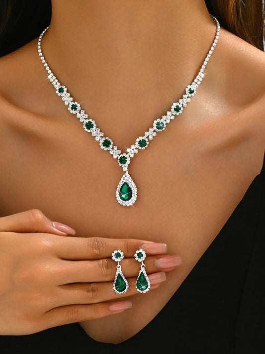 Green Stones necklace earrings set crafted from alloy, adorned with crystals & cubic zirconia for an elegant, timeless look | Peora

