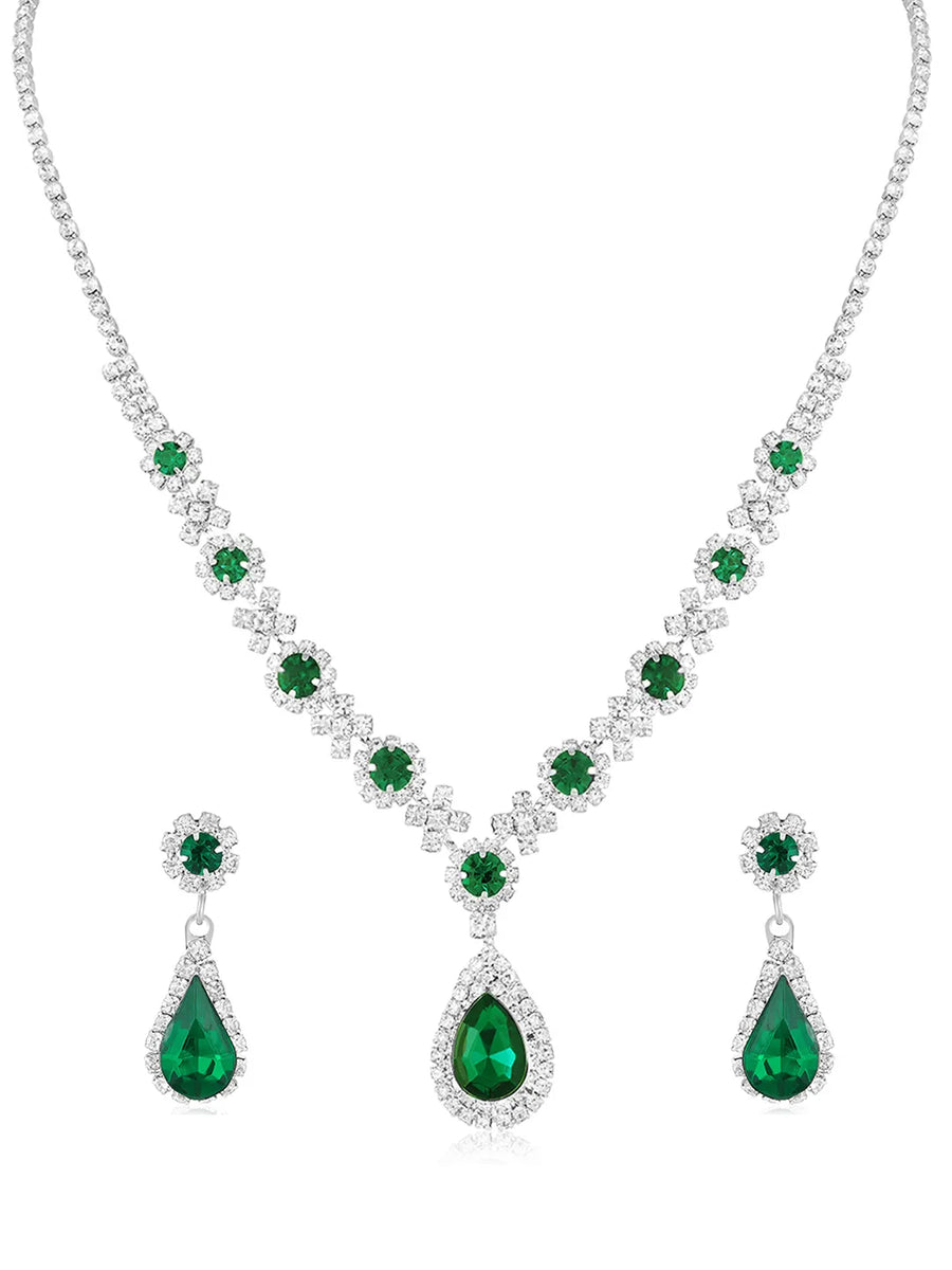 Green Stones necklace earrings set crafted from alloy, adorned with crystals & cubic zirconia for an elegant, timeless look | Peora
