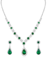 Green Stones necklace earrings set crafted from alloy, adorned with crystals & cubic zirconia for an elegant, timeless look | Peora
