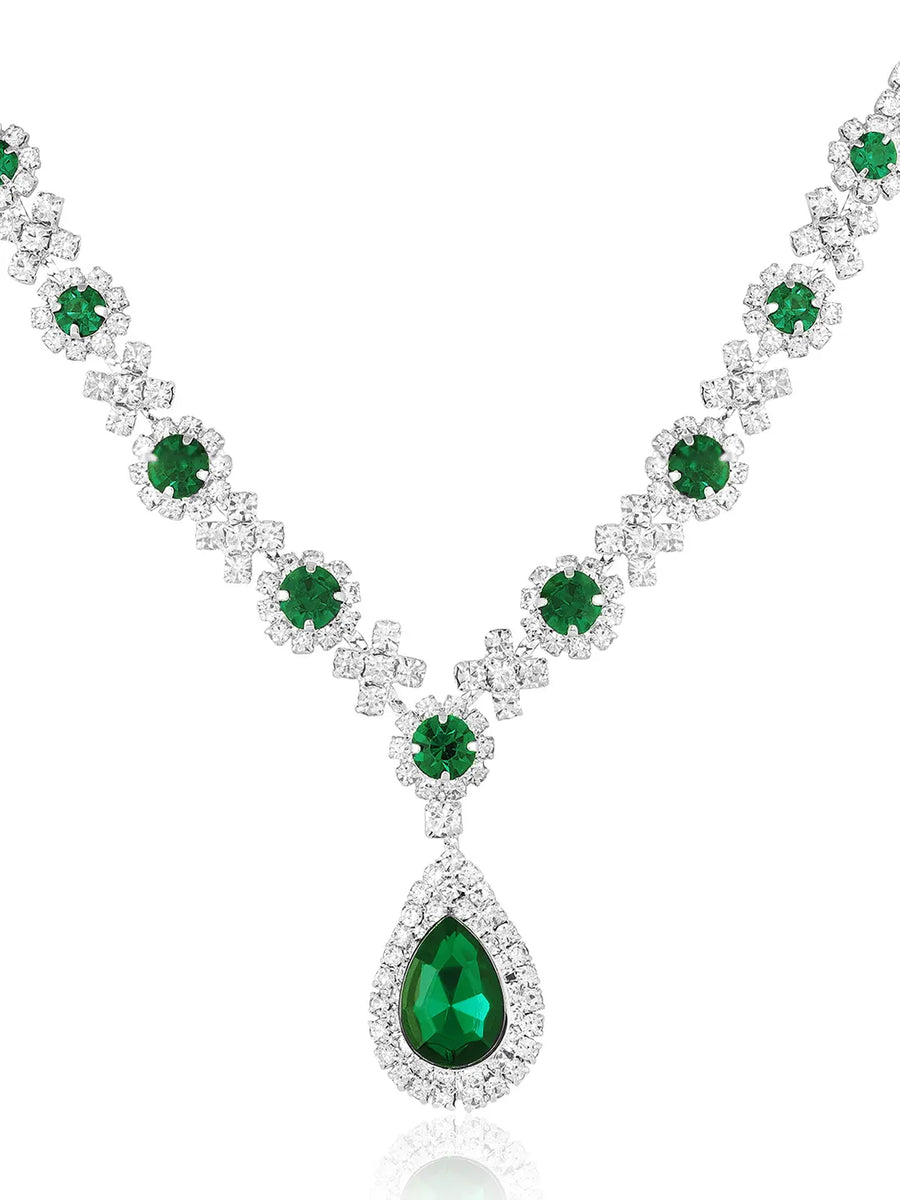 Green Stones necklace earrings set crafted from alloy, adorned with crystals & cubic zirconia for an elegant, timeless look | Peora
