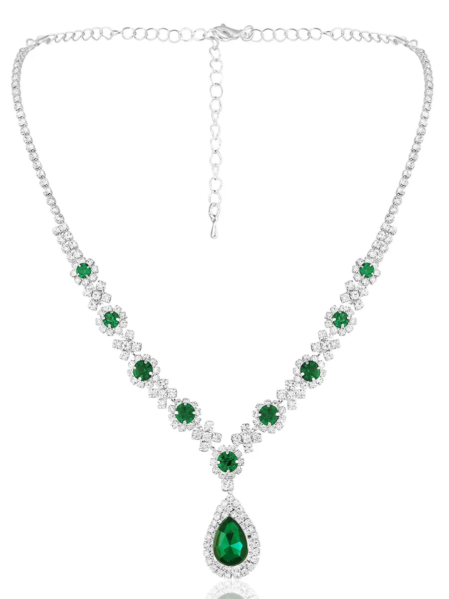 Green Stones necklace earrings set crafted from alloy, adorned with crystals & cubic zirconia for an elegant, timeless look | Peora
