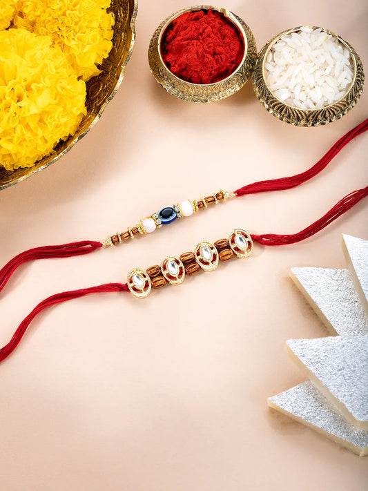 Close-up of Evil Eye Crystal Duo Rakhi Set featuring red thread, crystals & beads work, and gold plating – ideal for Raksha Bandhan | Peora
