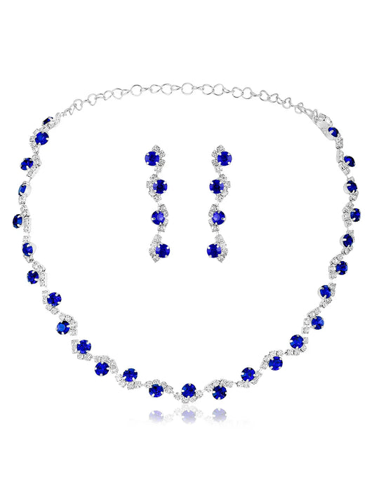 Blue necklace earrings set crafted from alloy, adorned with crystals & cubic zirconia for an elegant, timeless look | Peora
