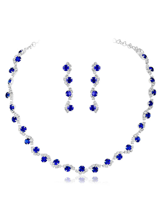 Blue necklace earrings set crafted from alloy, adorned with crystals & cubic zirconia for an elegant, timeless look | Peora
