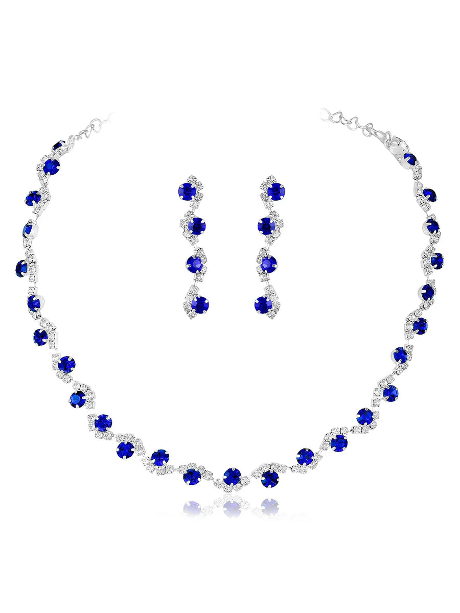 Blue necklace earrings set crafted from alloy, adorned with crystals & cubic zirconia for an elegant, timeless look | Peora
