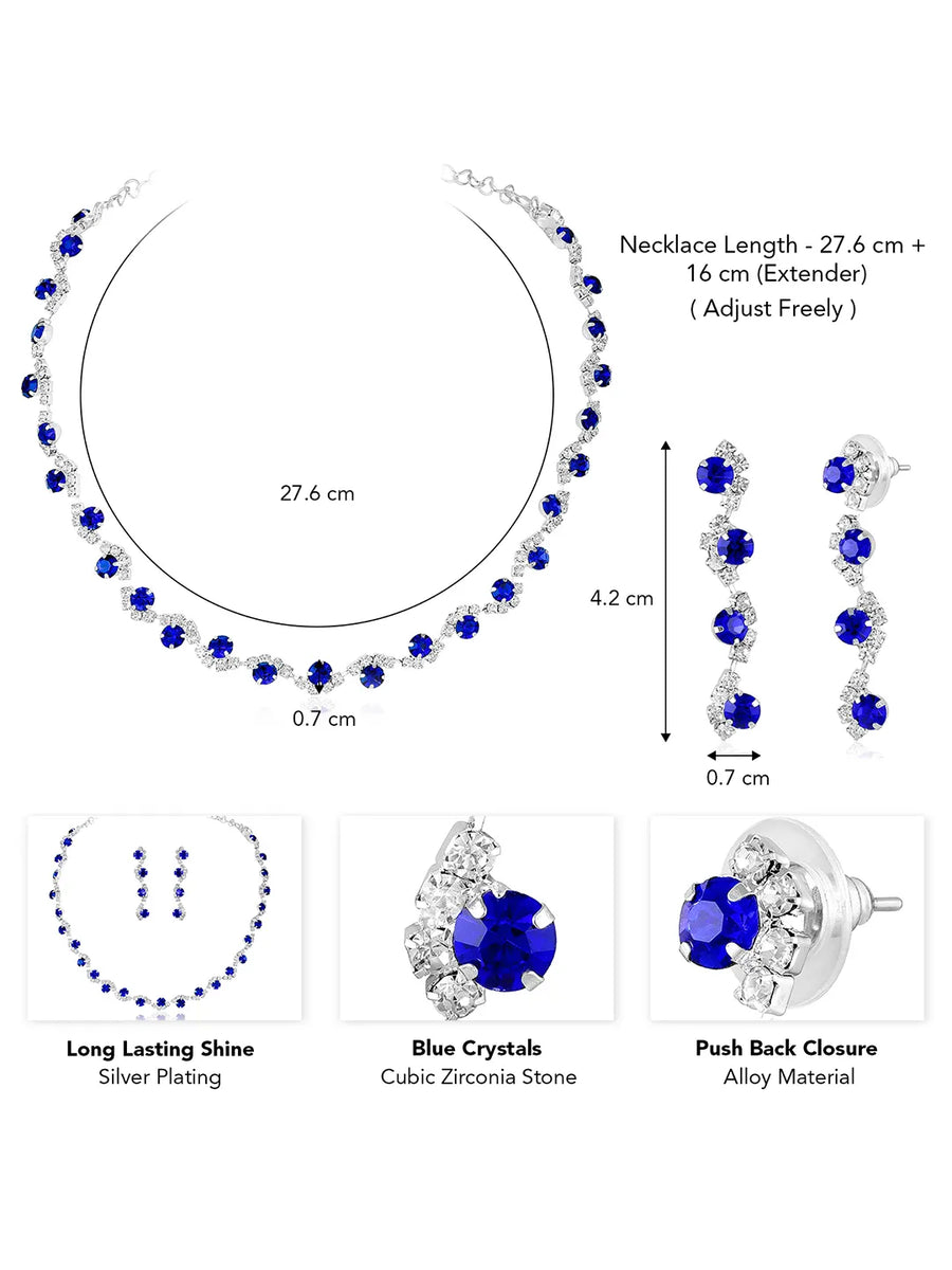 Blue necklace earrings set crafted from alloy, adorned with crystals & cubic zirconia for an elegant, timeless look | Peora
