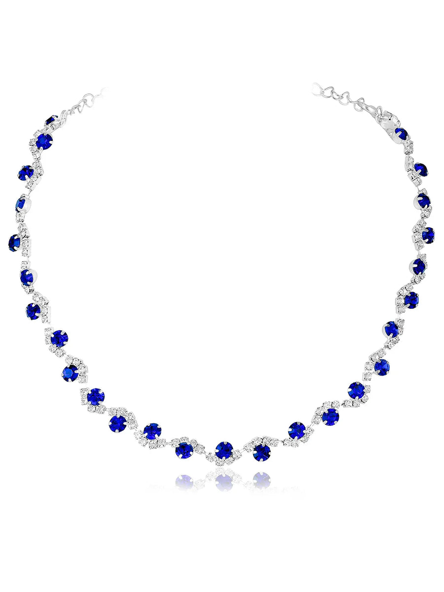 Blue necklace earrings set crafted from alloy, adorned with crystals & cubic zirconia for an elegant, timeless look | Peora
