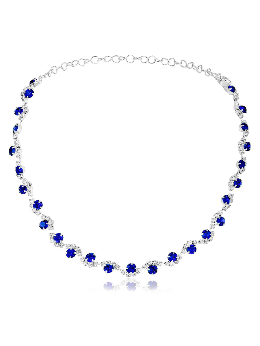 Blue necklace earrings set crafted from alloy, adorned with crystals & cubic zirconia for an elegant, timeless look | Peora

