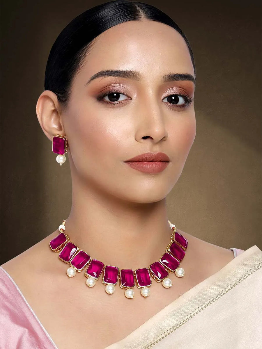 Horizon Beauty Crystal Pearl Necklace - Rani Pink