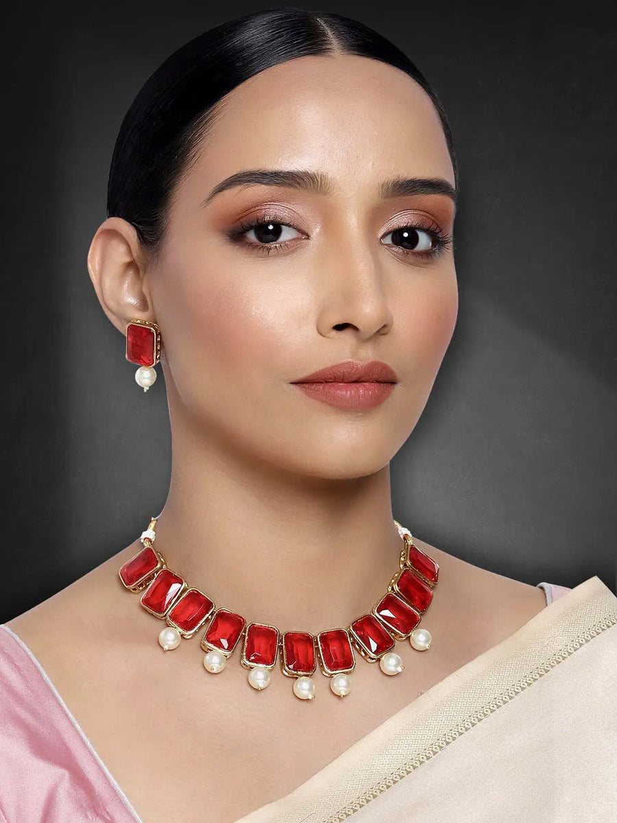 Horizon Beauty Crystal Pearl Necklace - Red