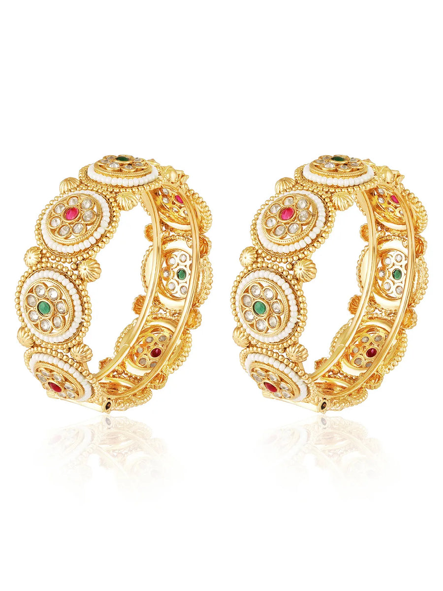 Gold - Rani Pink Green bangles crafted from brass, adorned with crystal & beads for an elegant, timeless look | Peora
