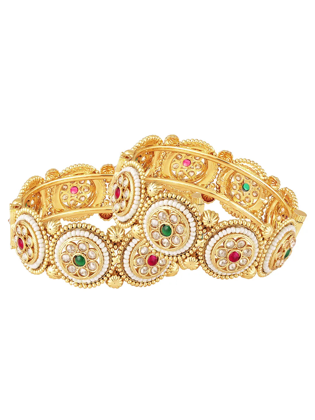 Gold - Rani Pink Green bangles crafted from brass, adorned with crystal & beads for an elegant, timeless look | Peora
