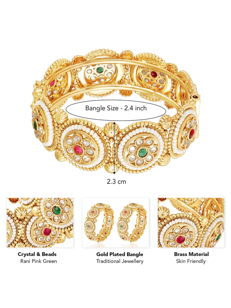 Gold - Rani Pink Green bangles crafted from brass, adorned with crystal & beads for an elegant, timeless look | Peora

