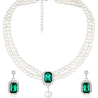 White-Green necklace earrings set crafted from alloy, adorned with pearls cubic zirconia & crystal for an elegant, timeless look | Peora
