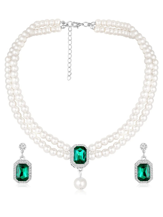 White-Green necklace earrings set crafted from alloy, adorned with pearls cubic zirconia & crystal for an elegant, timeless look | Peora
