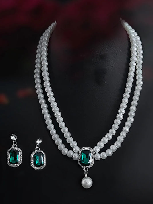 White-Green necklace earrings set crafted from alloy, adorned with pearls cubic zirconia & crystal for an elegant, timeless look | Peora
