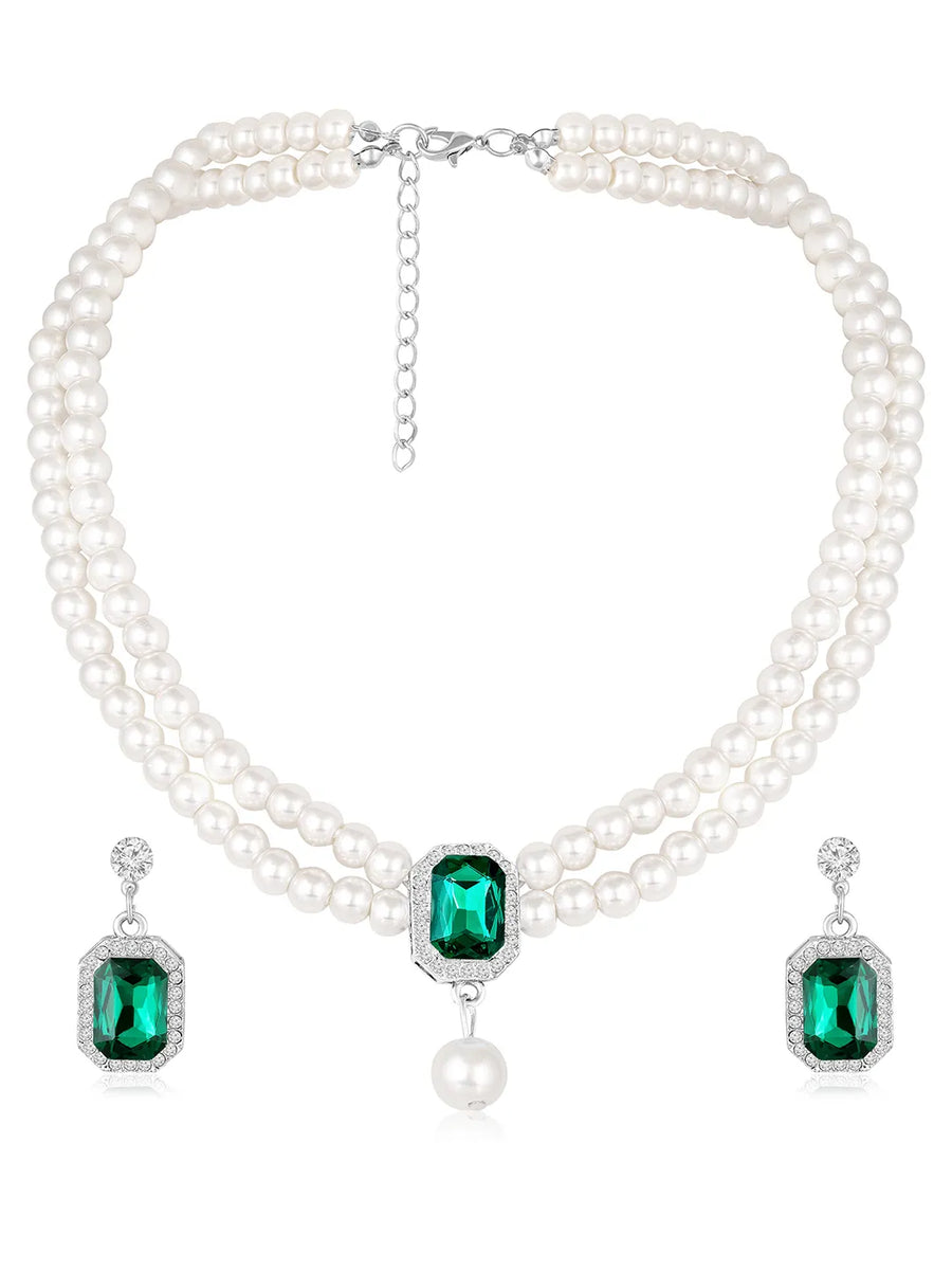White-Green necklace earrings set crafted from alloy, adorned with pearls cubic zirconia & crystal for an elegant, timeless look | Peora
