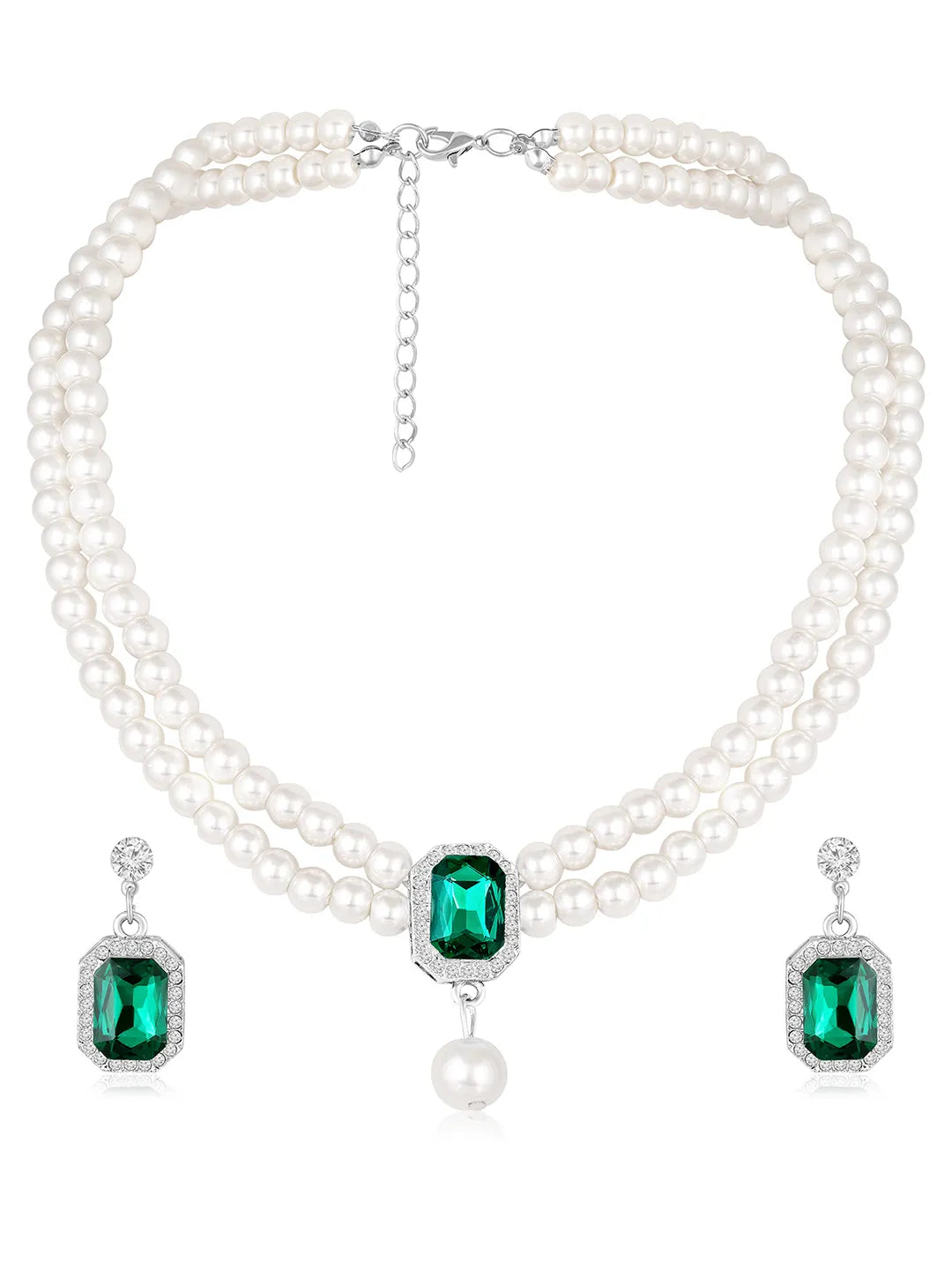 White-Green necklace earrings set crafted from alloy, adorned with pearls cubic zirconia & crystal for an elegant, timeless look | Peora
