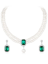 White-Green necklace earrings set crafted from alloy, adorned with pearls cubic zirconia & crystal for an elegant, timeless look | Peora
